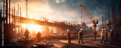 Construction workers in vest and helmet standing construction site, cityscape with sunset in the background. Progress. Heavy machinery. The process of construction. Ultra wide banner. Copy space