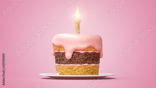Birthday cake with creme and burning candle. Sweet dessert for birthday party celebration. 3D illustration.
