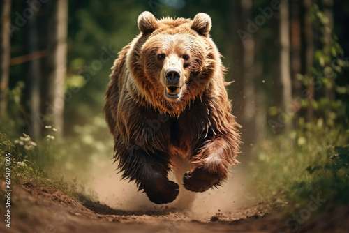 Big brown bear runs in the forest in summer, looks at the camera