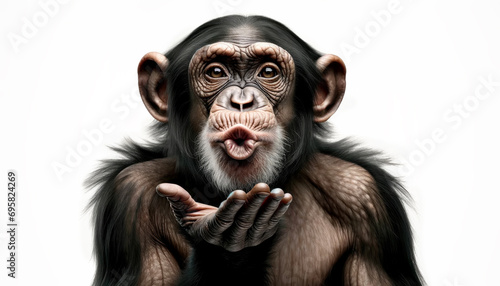 Happy monkey portrait showing love making kiss with hand. Chimpanzee making Kiss to air with her Hand, isolated on white background, Generative Ai