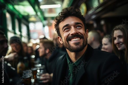 Portrait of a young man in green clothes with a beard, smiling, sitting in a pub with friends celebrating a traditional Irish holiday - St. Patrick's Day