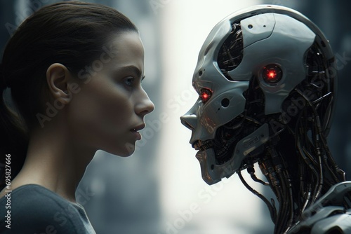 Robot Face Opposite Human Face. artificial intelligence
