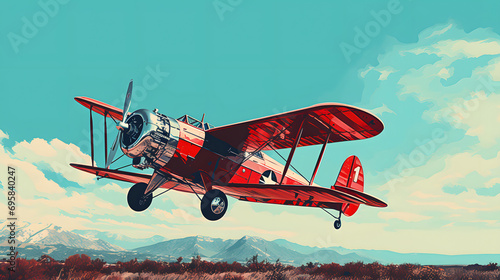 Red vintage plane flying in the blue sky