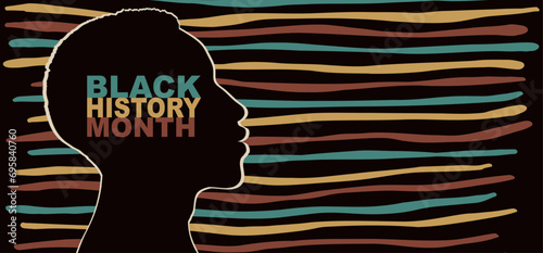 Black history month event. Black profile head face silhouette African or African-American man. African ethnicity. Racial equality - justice - identity - anti-racism. Inclusion. Banner