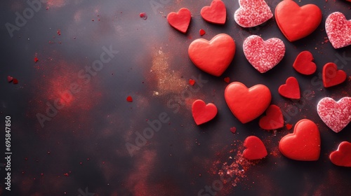 Top view background for Valentine's, love, wedding, and birthday greeting cards featuring a close-up of red heart-shaped cookies on a textured table. Flat lay, top view.