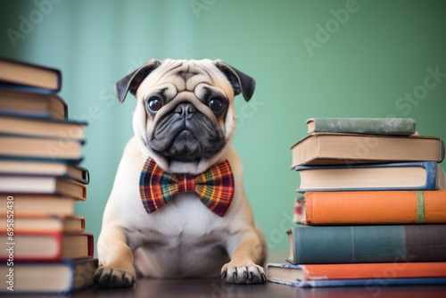 pug in a bowtie beside a stack of books