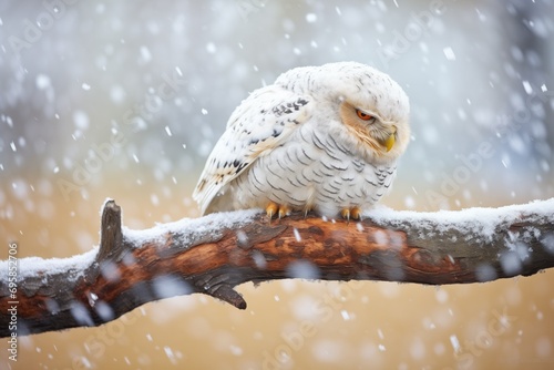 snowy owl preening on elm branch during snowfall