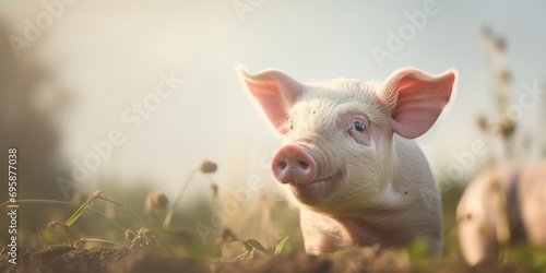 Cute piglets in a rural meadow, pink and happy, exploring nature on a sunny summer day.