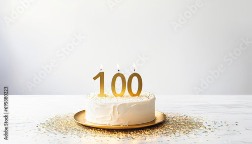 100 years old or century anniversary or birthday with cake and candles and copy space