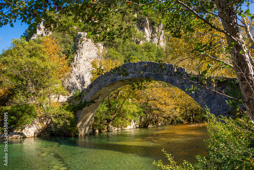 Old Stone Bridge of the Klidonia an Autumn Day in in Zagorochoria., Greece.
