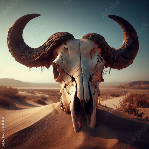 A weathered cow skull with dark, curved horns in a desert landscape with distant mountains.