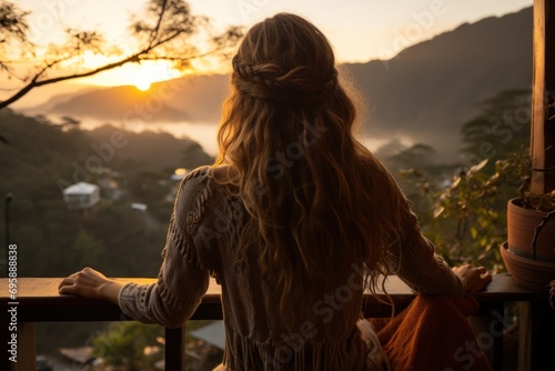 Picture from behind of a woman sitting on a wooden balcony The sun was setting on the mountains and had a beautiful warm orange glow