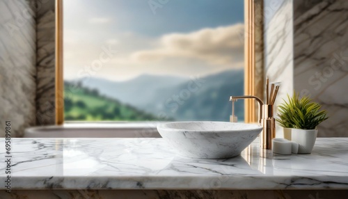 a marble sky counter table and a modern house bathroom beautiful light background inserted through the window minimalist concept of mockup and advertising