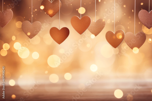 Fondo de luces y corazones dorados de San Valentín.