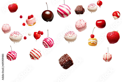 Various types of colorful Dessert falling with flakes or crumbs in the air isolated on transparent background, dessert sweet concept, chip balls, cookies and cupcake.