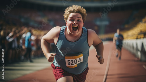 An overweight teenager is running in the stadium. A running marathon.