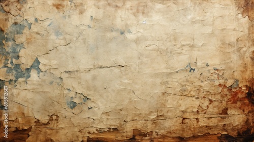 Old, worn paper with peeling paint, folds, and tears. Light brown with areas of blue and red. Rough, textured surface with bumps and ridges