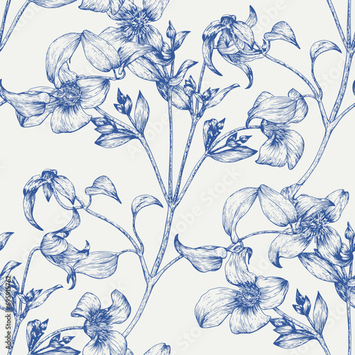Toile art Floral vector vintage seamless pattern flowers of Clematis blue on a beige. Hand drawn background.Monochrome. Textiles, paper, wallpaper decoration