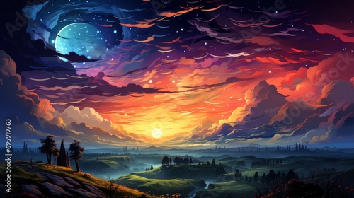 Night Sky Full Stars Sunrise, Background Banner HD, Illustrations , Cartoon style