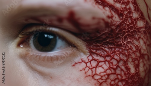A close up of a person's eye with a red, scarred face