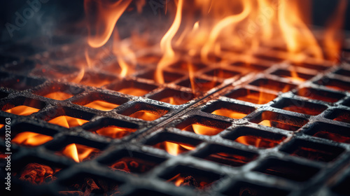 Macro close-up of a flaming black grill, with fire, smoke and fire sparks. Metal grill for grilling meat and food at an outdoor picnic.