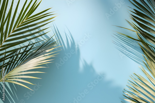Beautiful tropical palm leaf on light blue background, Space for text.