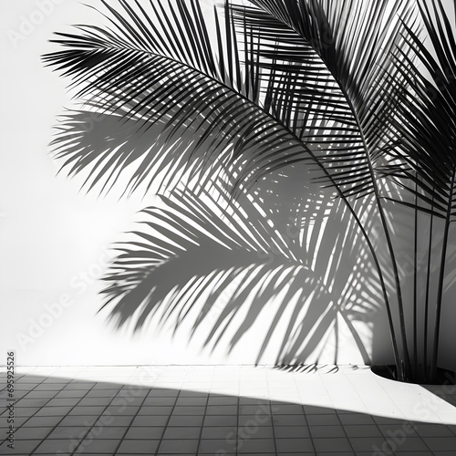  Beautiful tropical palm leaf on light black and white background, Space, wall, minimal room.