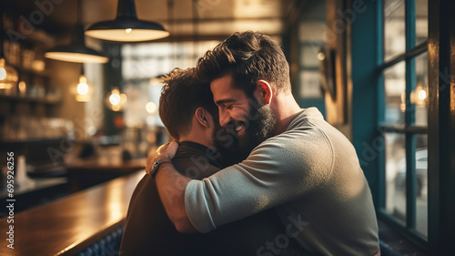 Two young happy handsome men hug each other and smile