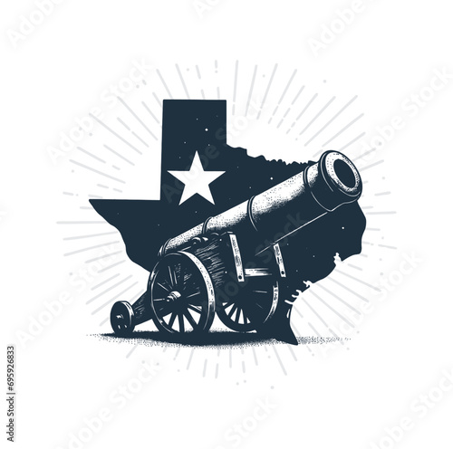 Texas Map with Cannon. Vector logo illustration.