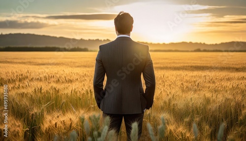 Back view of a businessman in a suit standing in a golden wheat field at sunset, contemplating nature's beauty, blending business with the rural landscape.
