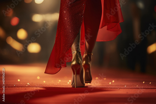 elegant woman walk on red carpet close up