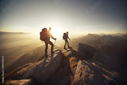 Couple of hikers on top of high mountains at sunset or sunrise, walking and enjoying their team achievement, climbing success, adventure and freedom, looking towards the horizon