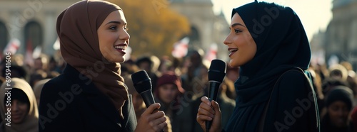 two ladies in hijab talking to the crowd