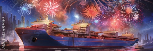 two large ships with fireworks in the background