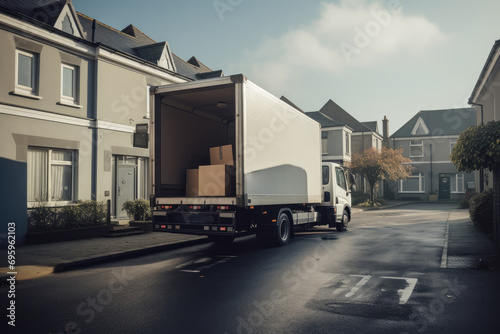 delivery truck with open rear doors reveals cardboard boxes, parked in a residential area with houses lining the quiet street, suggesting a move or delivery in progress