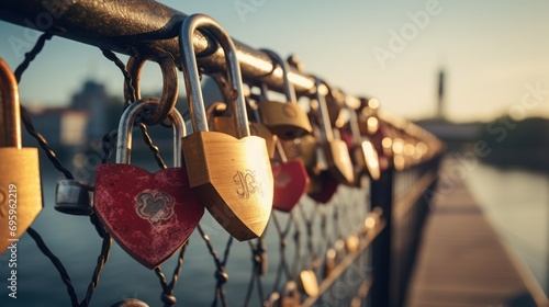 A close-up of love locks attached to a bridge railing, representing eternal love and devotion.
