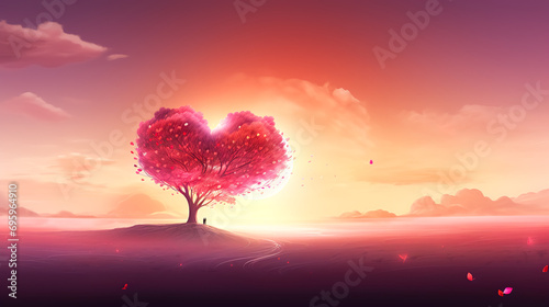 Surreal landscape with pink tree in the shape of heart at sunset sky.