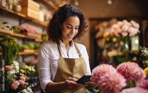 young business owner woman using tablet at flower shop