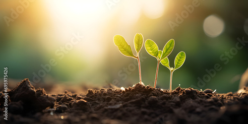 young plants sprouting from the ground .growing a plant on soil. against sunny background .AI Generative. 