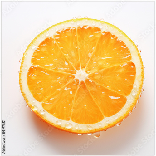 Fotografia de primer plano con detalle y textura de rodaja de naranja fresca sobre fondo de color blanco