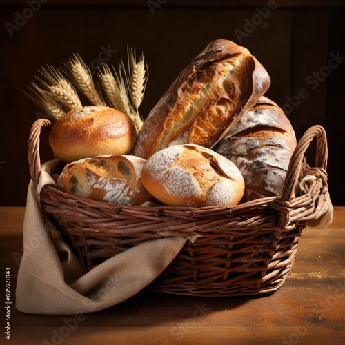 Fotografia con detalle y textura de cesta con varios panes rusticos de aspecto delicioso