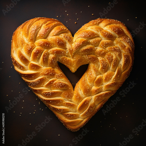 Fotografia con detalle y textura de pan horneado con forma de corazon, sobre fondo de color negro
