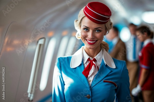 une hôtesse de l'air souriante en uniforme nous accueil à l'entrée d'un avion de ligne qui va nous emmener en vacances