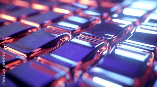 Glowing computer keyboard. A close-up view of a backlit blue computer keyboard, representing the futuristic and illuminated world of technology