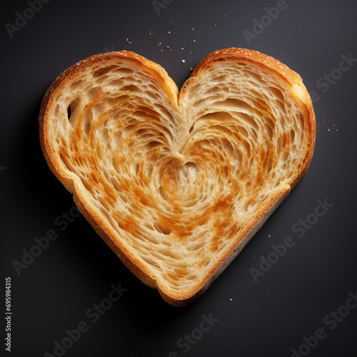 Fotografia con detalle y textura de tostada de pan con forma de corazon, sobre fondo oscuro