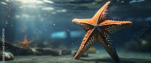 Big old starfish swimming underwater, it drak outsite, casting a faint glow on the mackerel swimming in a tank beside him