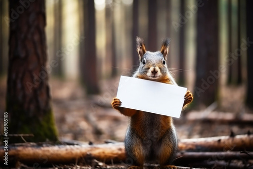 Squirrel holding a banner protesting against deforestation and destruction of wild life natural habitat