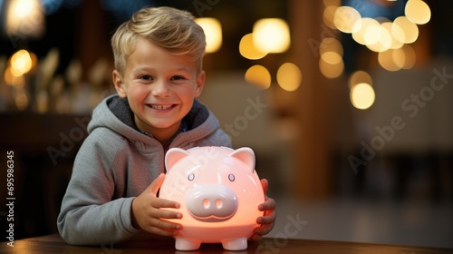 Child learns to save money with piggy bank at home