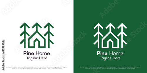Pine house logo design illustration. Pine forest tree bio house building silhouette. Simple minimalist icon symbol for natural village accommodation.
