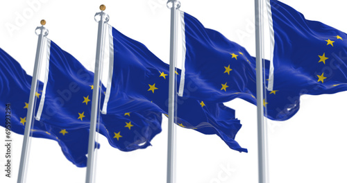 group of flags of the European Union waving in the wind. Transparent 4k resolution
